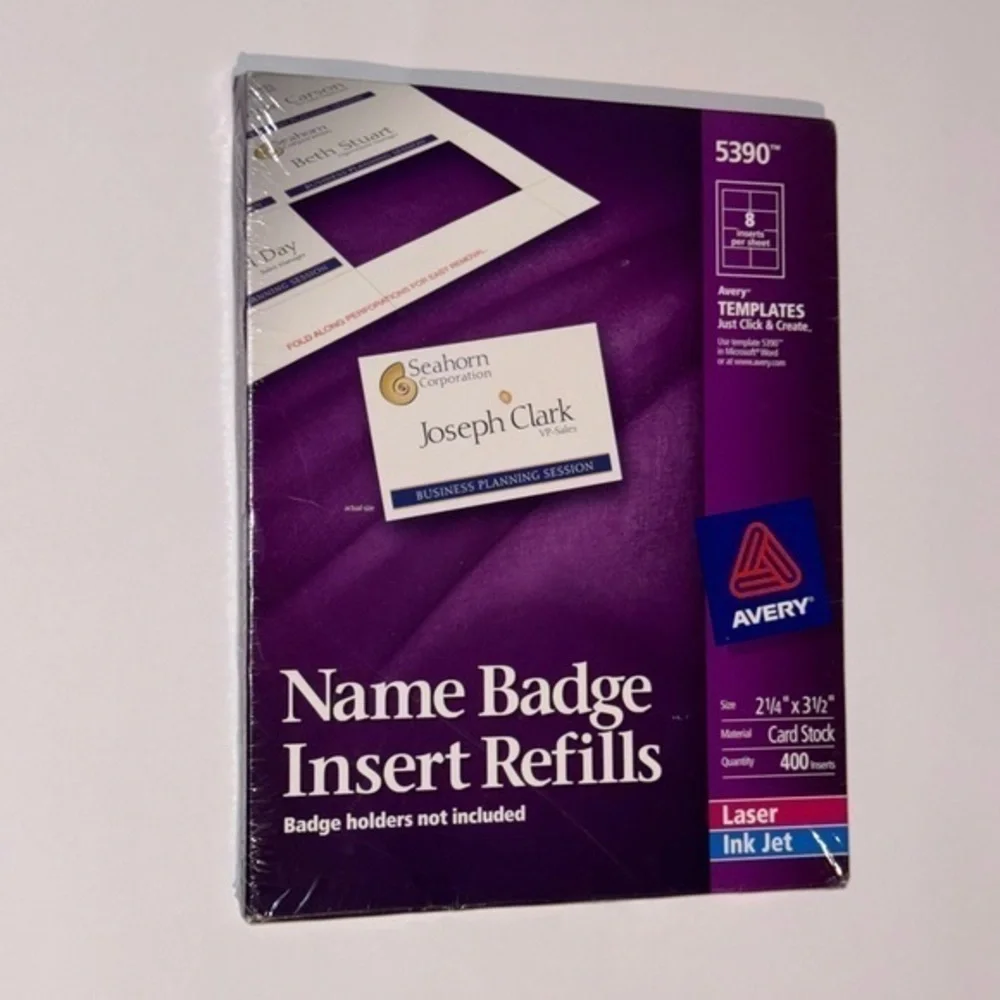 NWOT, Avery, Name Badge Insert‎ Refills, SZ 2 1/4” x 3 1/2”